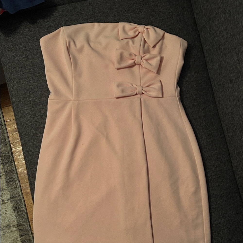 Aqua Strapless Dress in Blush with Bow Accents